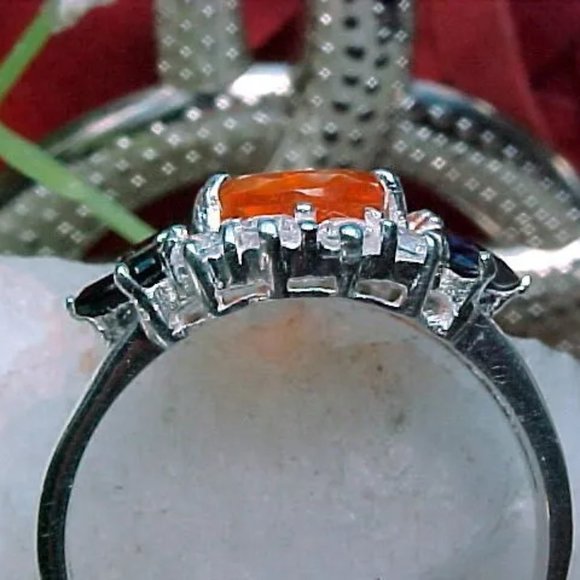 NATURAL MEXICAN FIRE OPAL RING AAA++ 9x7mm FACETED & BLUE SAPPHIRE 925 SS - Picture 8 of 11